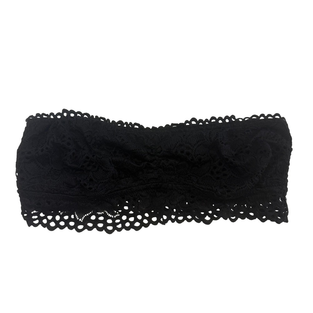 Aerie Black Floral Lace Bandeau Bra Strapless Scalloped Eyelet Large